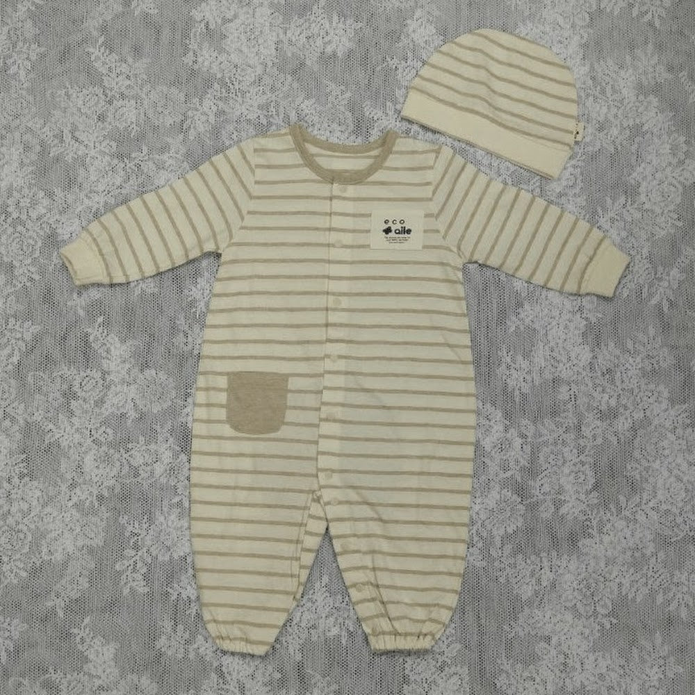 B9 S75韓國 Ecoaile 有機棉淺卡其粗條兩件套裝 Korean Ecoaile Organic Khaki Stripe Two Pieces Set / Size : 75 ( New Born to 6 Months)